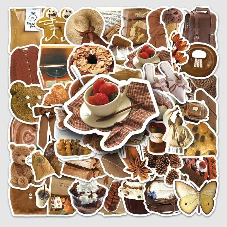 50Pcs Brown Maillard IG style Minimalist Artistic Daily Necessities Stickers