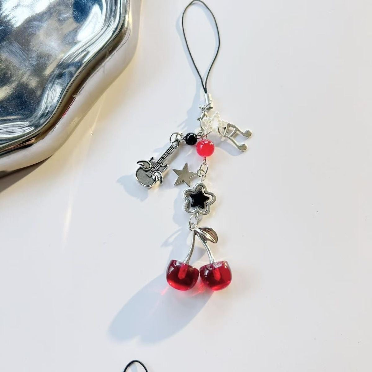 Black and red cherry guitar keychain phone chain