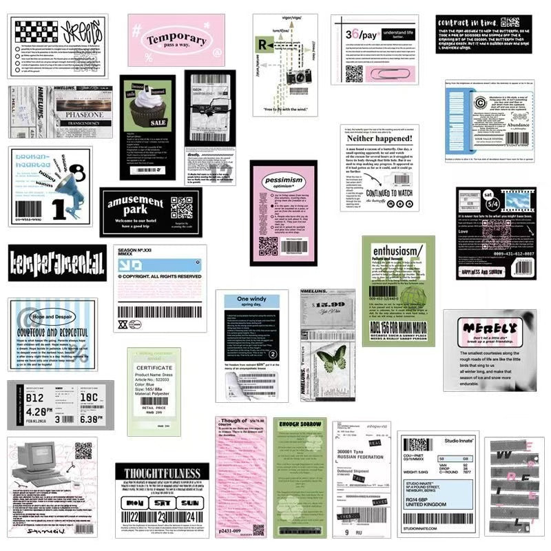 30Pcs Black And White Collage Material Text Label Sticker