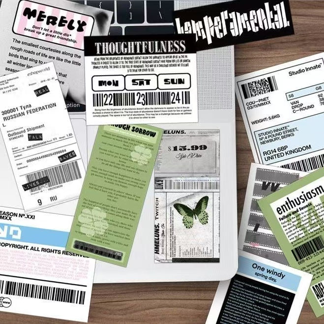 30Pcs Black And White Collage Material Text Label Sticker