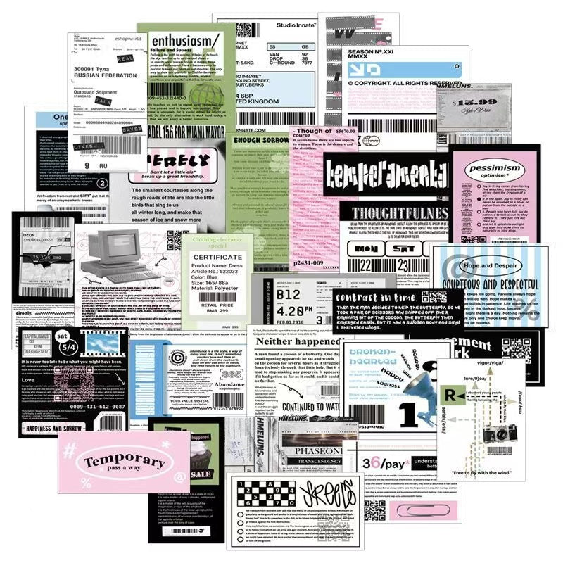 30Pcs Black And White Collage Material Text Label Sticker