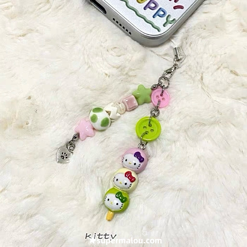 Pink Green Kitty Bead Phone Chain Pendant