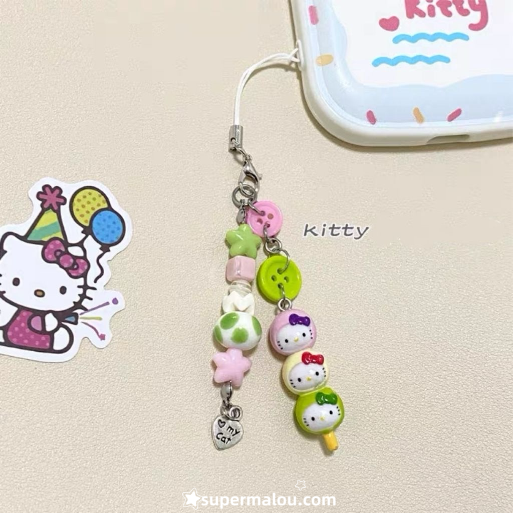 Pink Green Kitty Bead Phone Chain Pendant