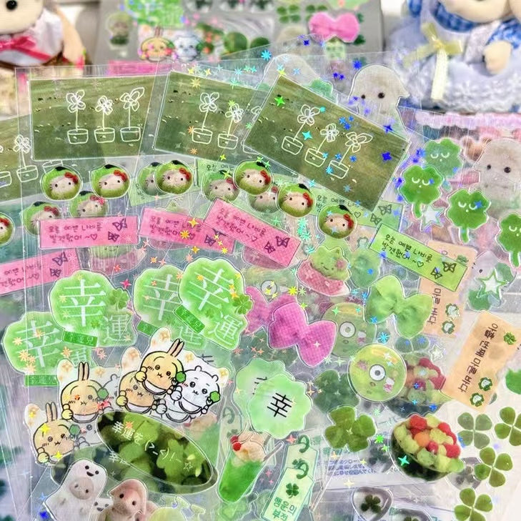 4 Sheets Green Matcha Laser Retro Stickers