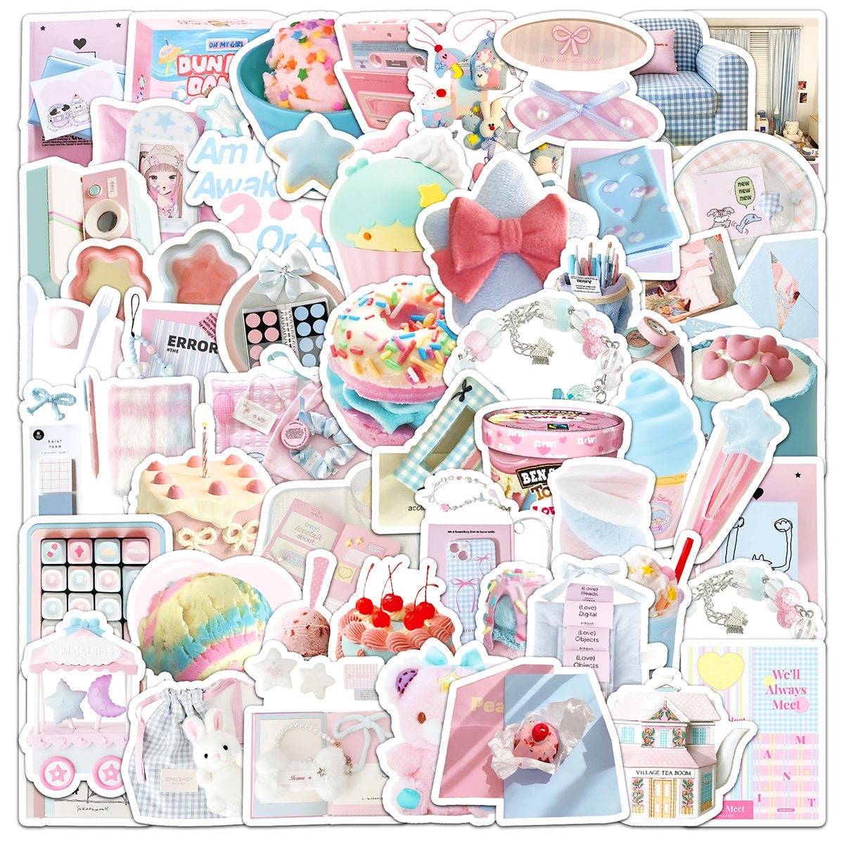 52pcs Pink And Blue Fresh Macaron Color Waterproof Sticker
