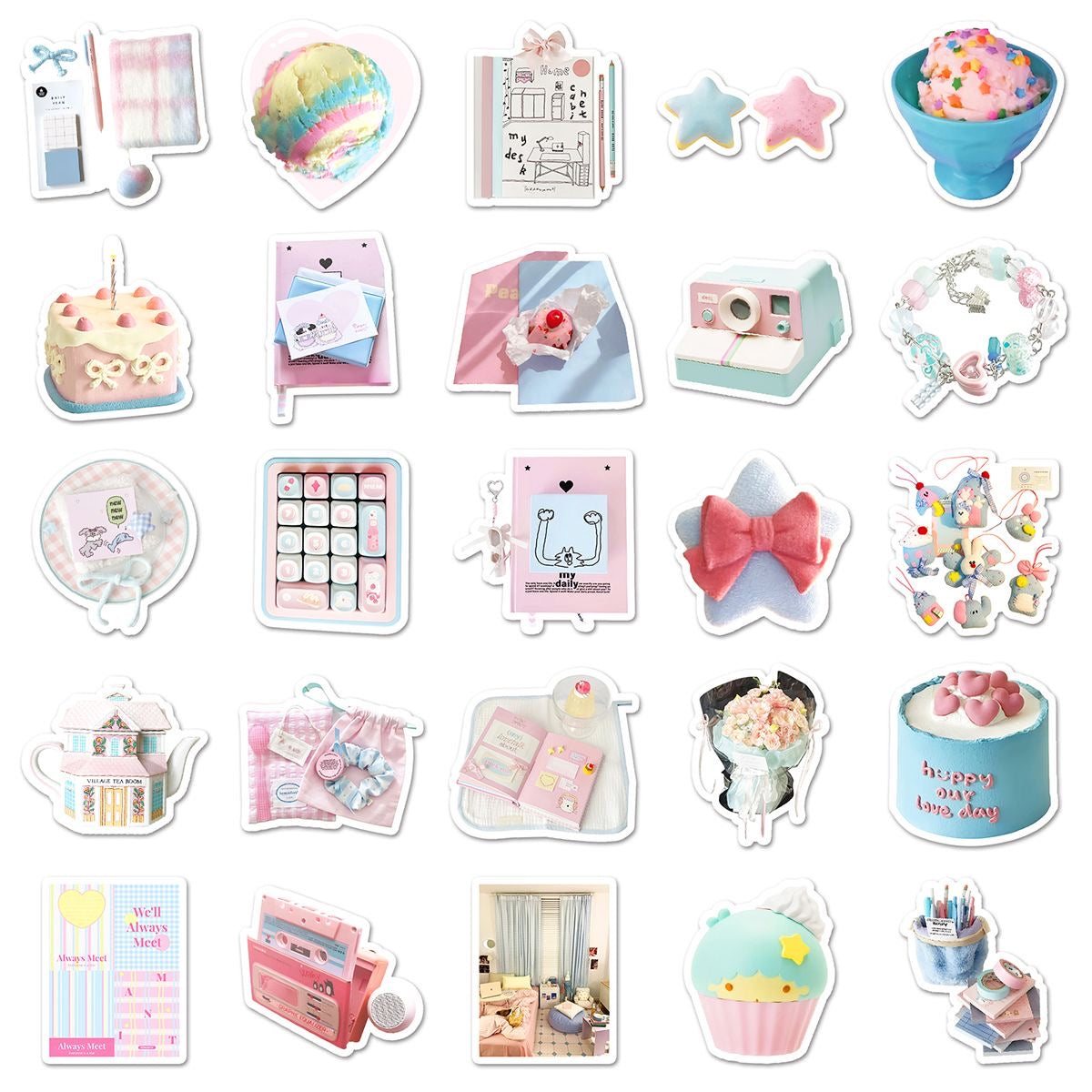 52pcs Pink And Blue Fresh Macaron Color Waterproof Sticker