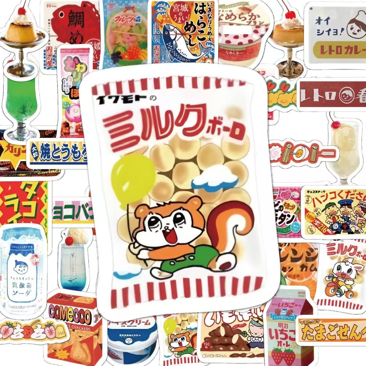 55Pcs Showa Retro Food DIY Waterproof Stickers
