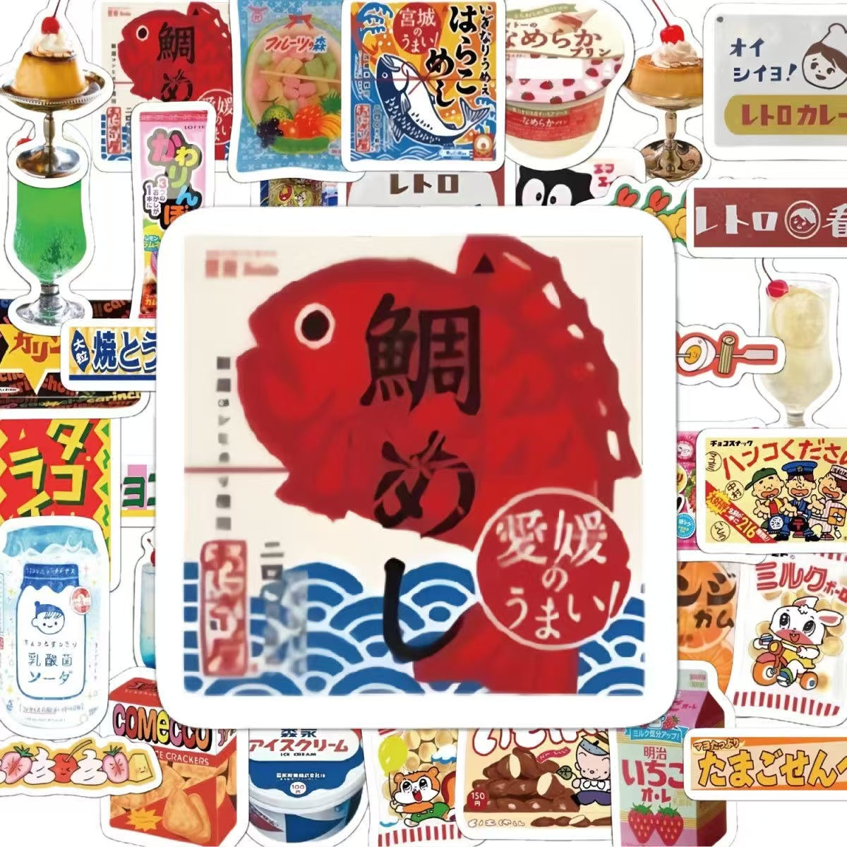 55Pcs Showa Retro Food DIY Waterproof Stickers
