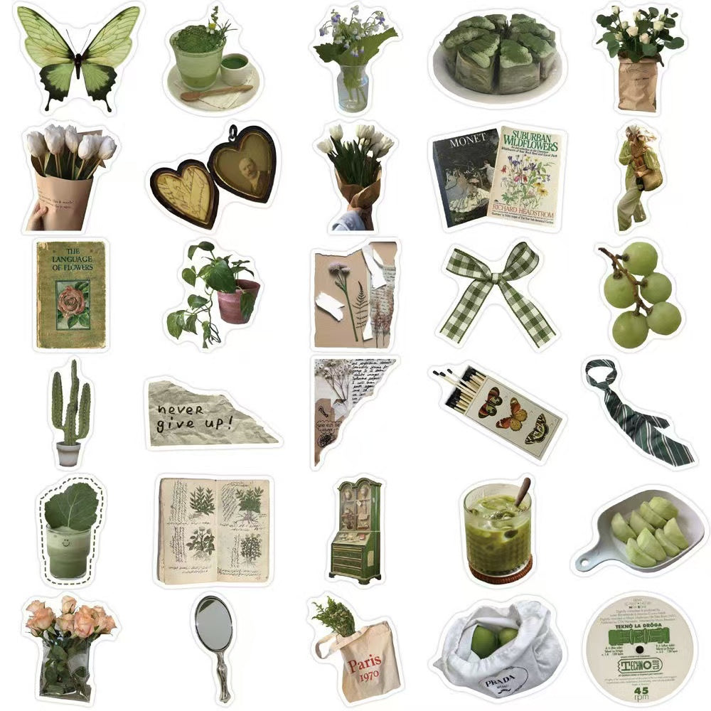 62Pcs Green IG Style Minimalist And Chill Waterproof Stickers