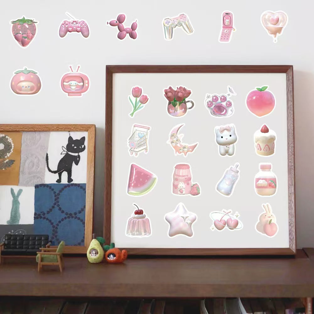 63pcs Pink Cartoon Waterproof Stickers