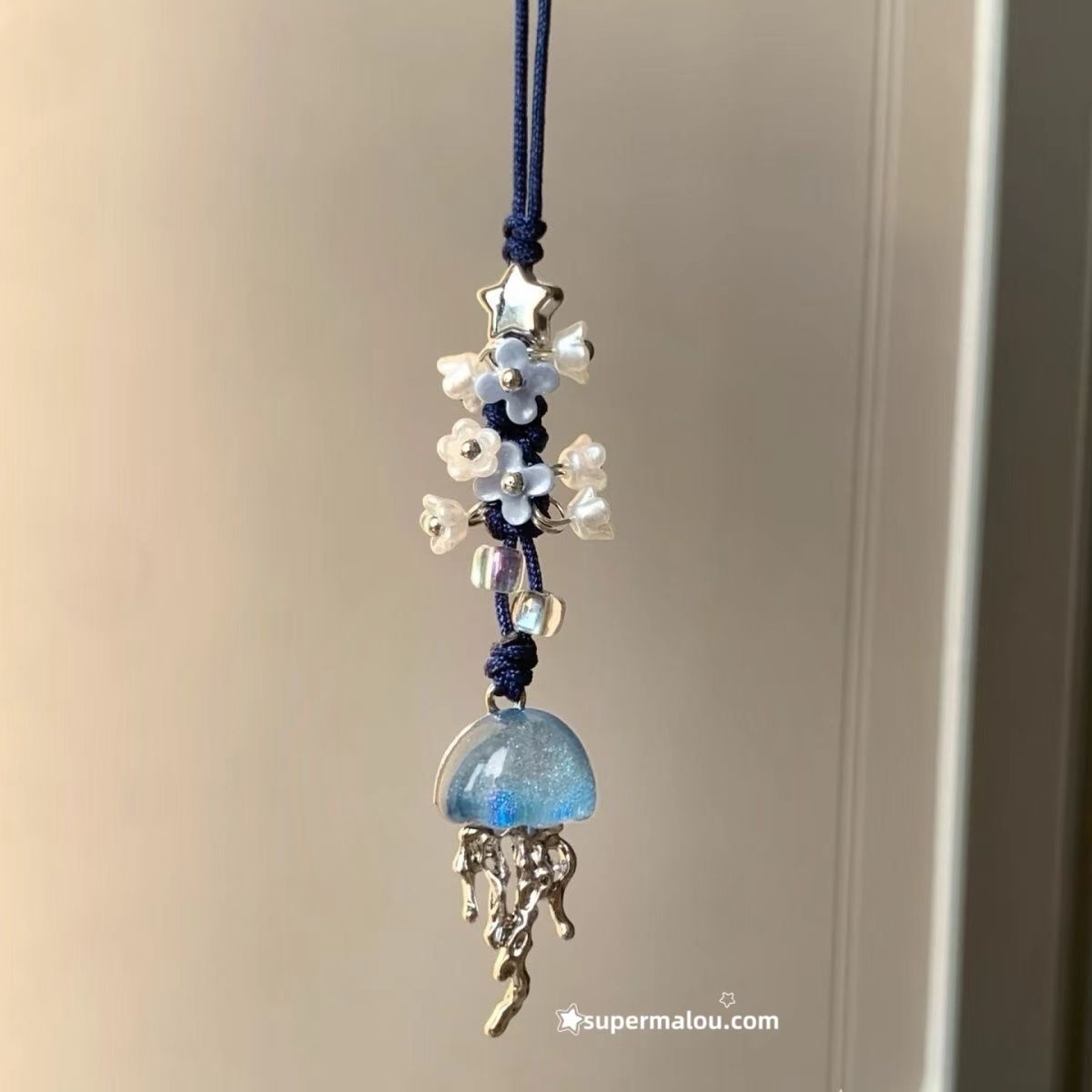 Blue Jellyfish Flower Bead Pendant Phone Chain