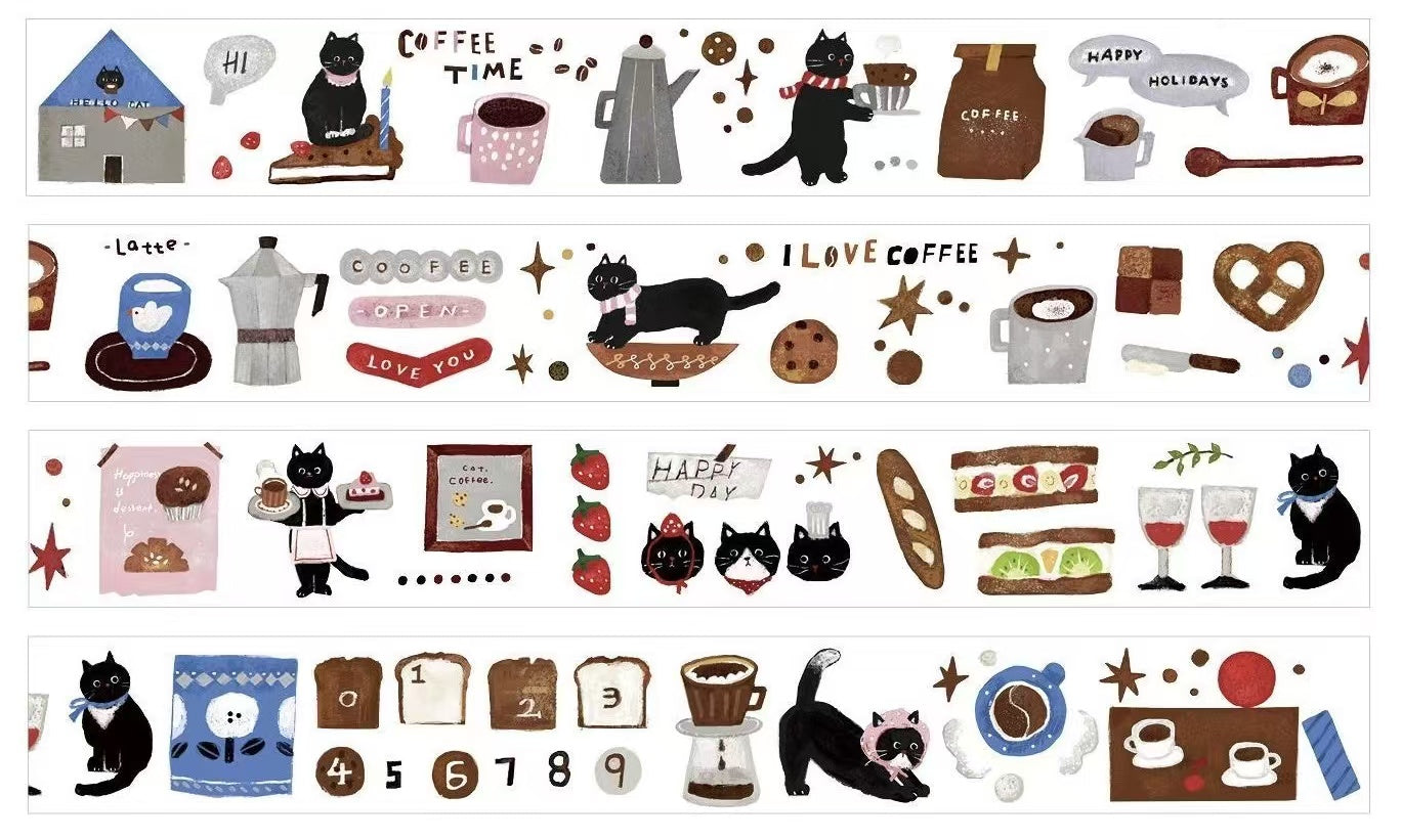 10M Coffee Cat Uncut Film Transparent Sticker Roll