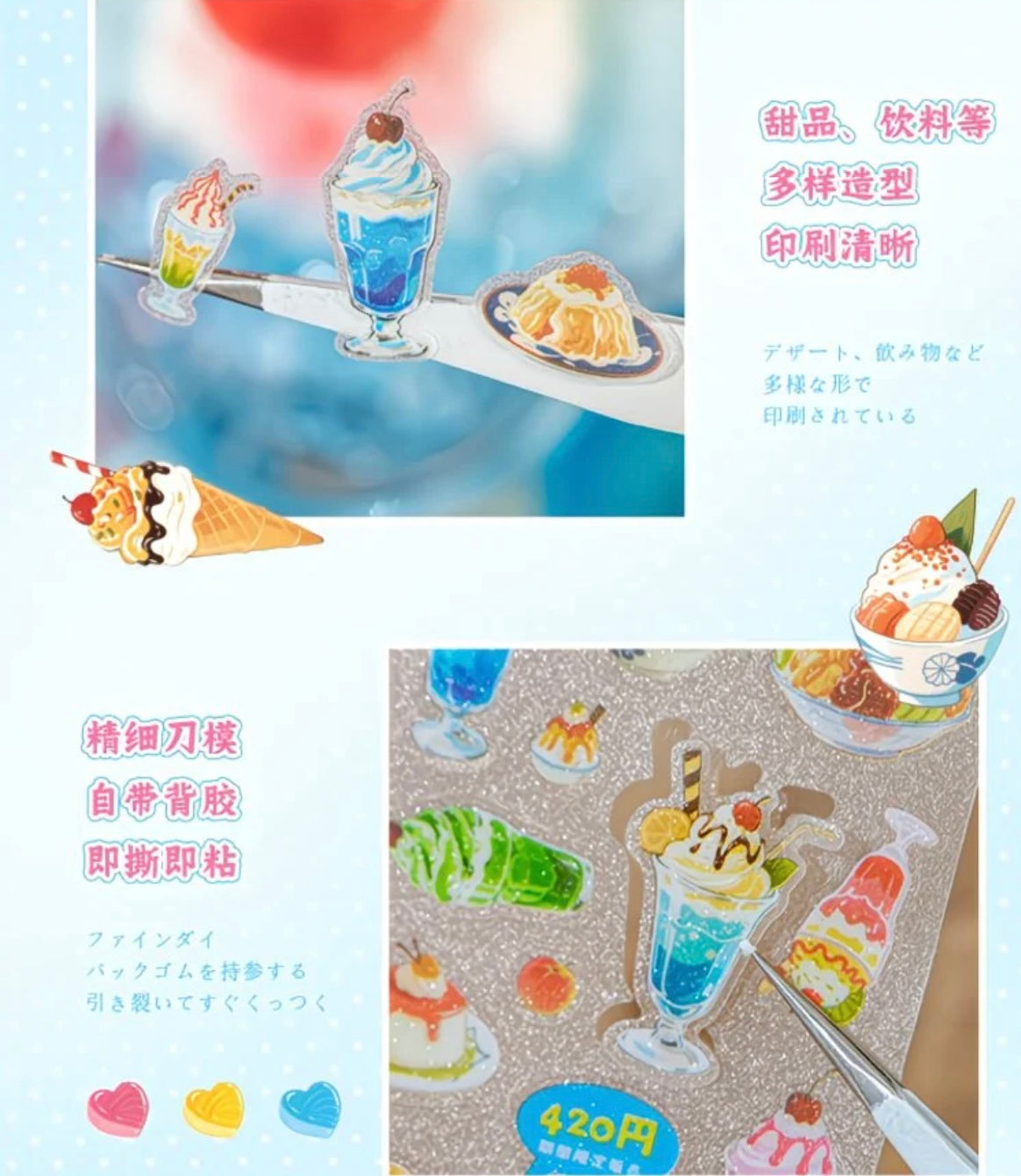 2M Cute Retro Food Sparkling Sand Sticker Roll