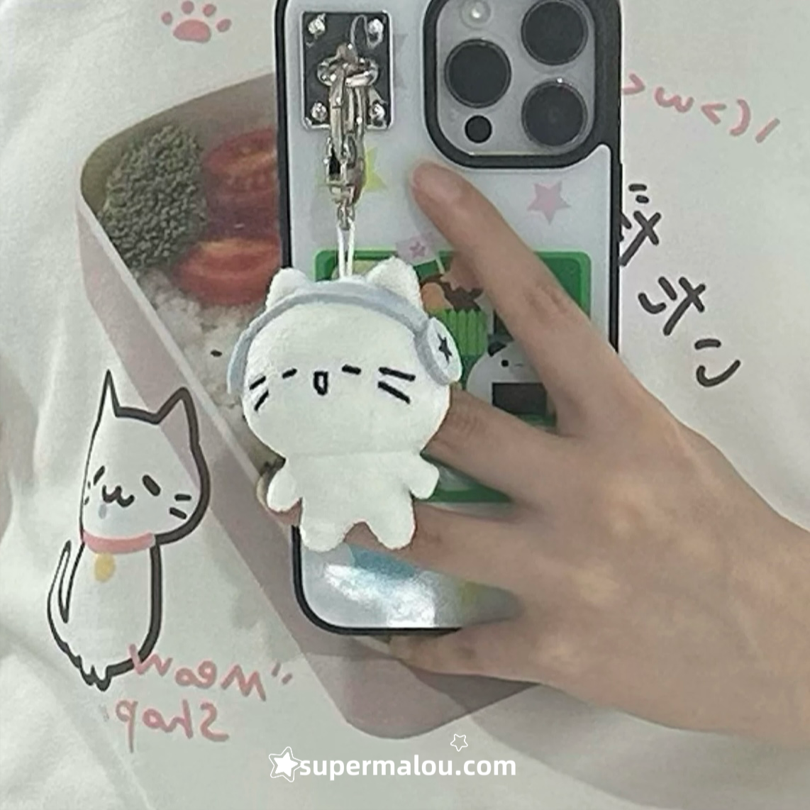 Earphones Little White Cat Keychain Phone Chain