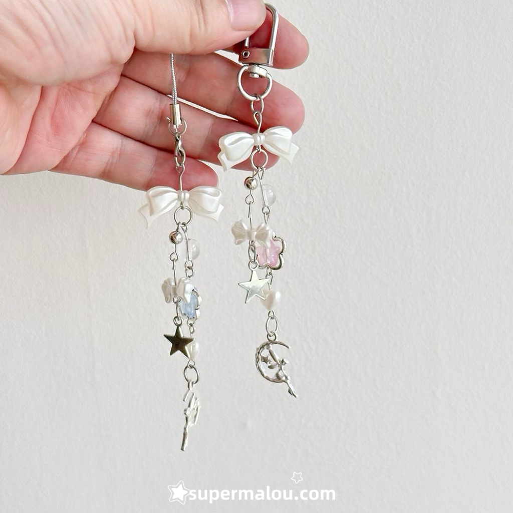 Light Pink Blue Girl Star Bow Keychain Phone Chain
