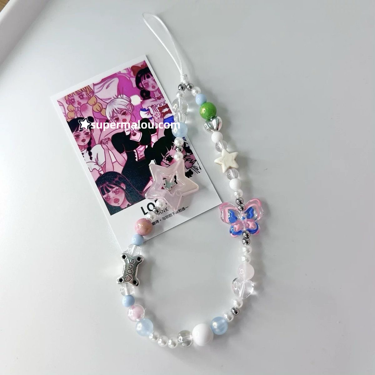Pink And Blue Star Butterfly Beaded Phone Chain
