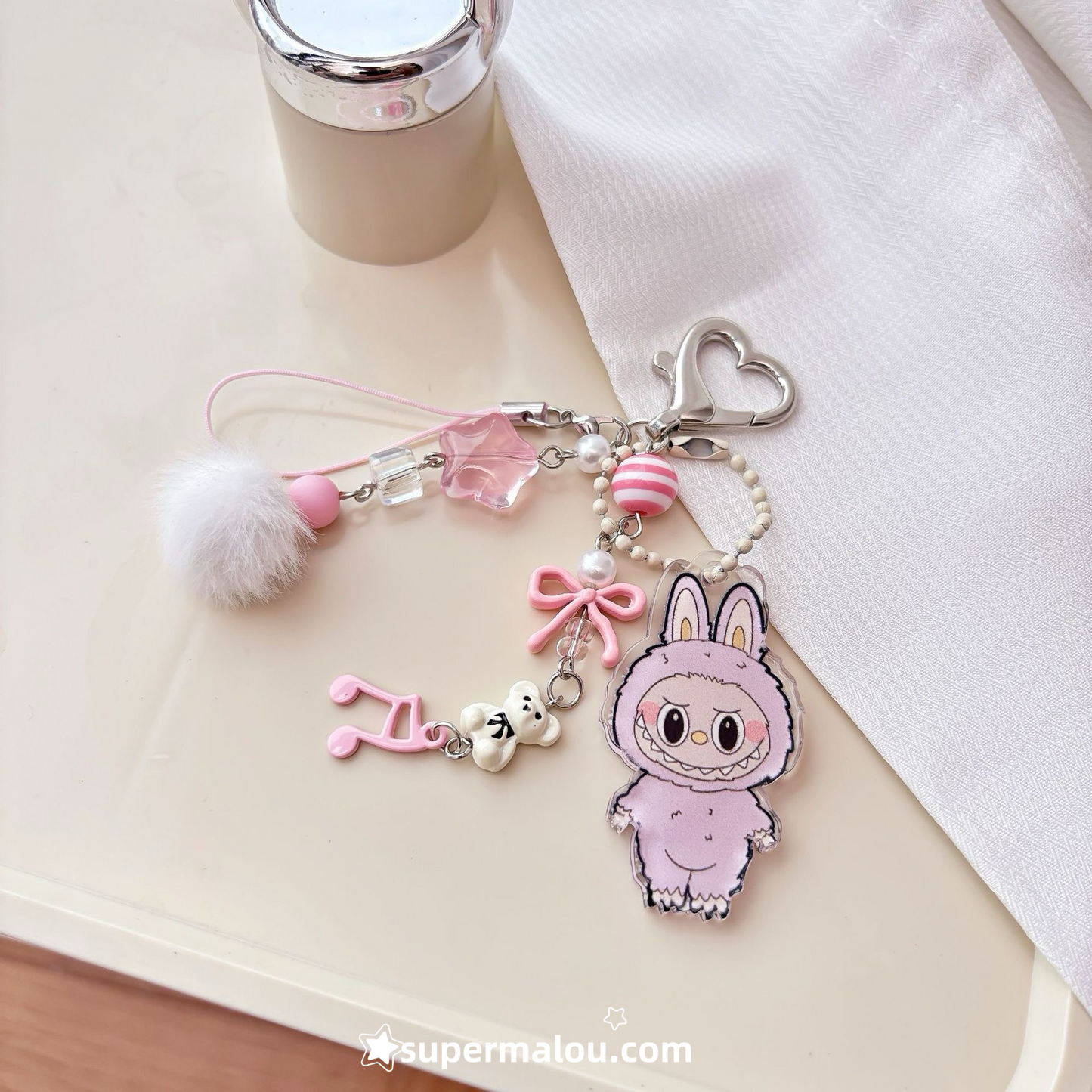 Pink Checkered Kitten Bow Phone Chain