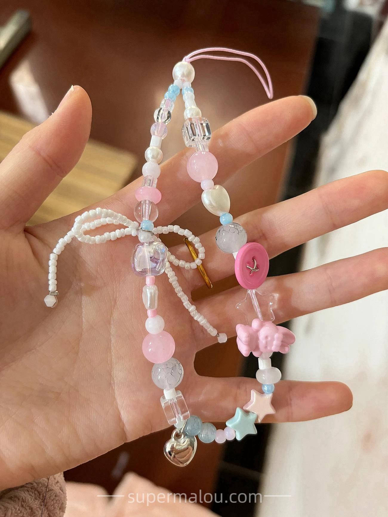 Pink And White DIY Hand Beaded Phone Case Chain Lanyard CCD Camera Pendant Accessories