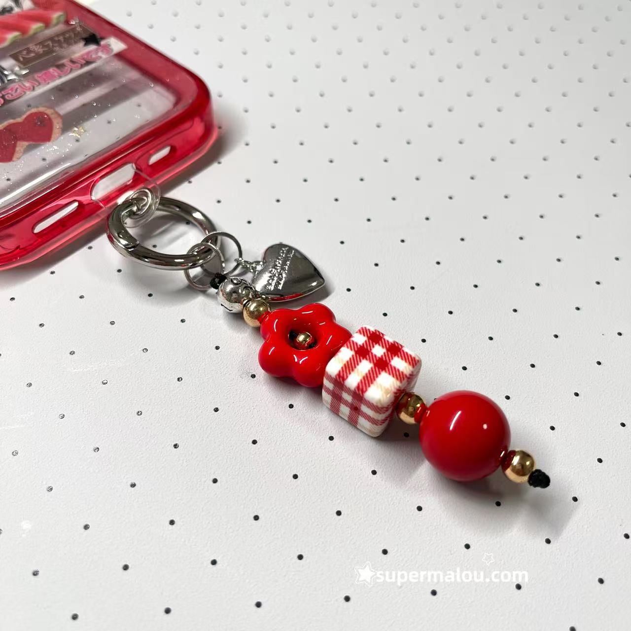 Red Flower Silver Love Phone Chain Keychain (Include Clip)