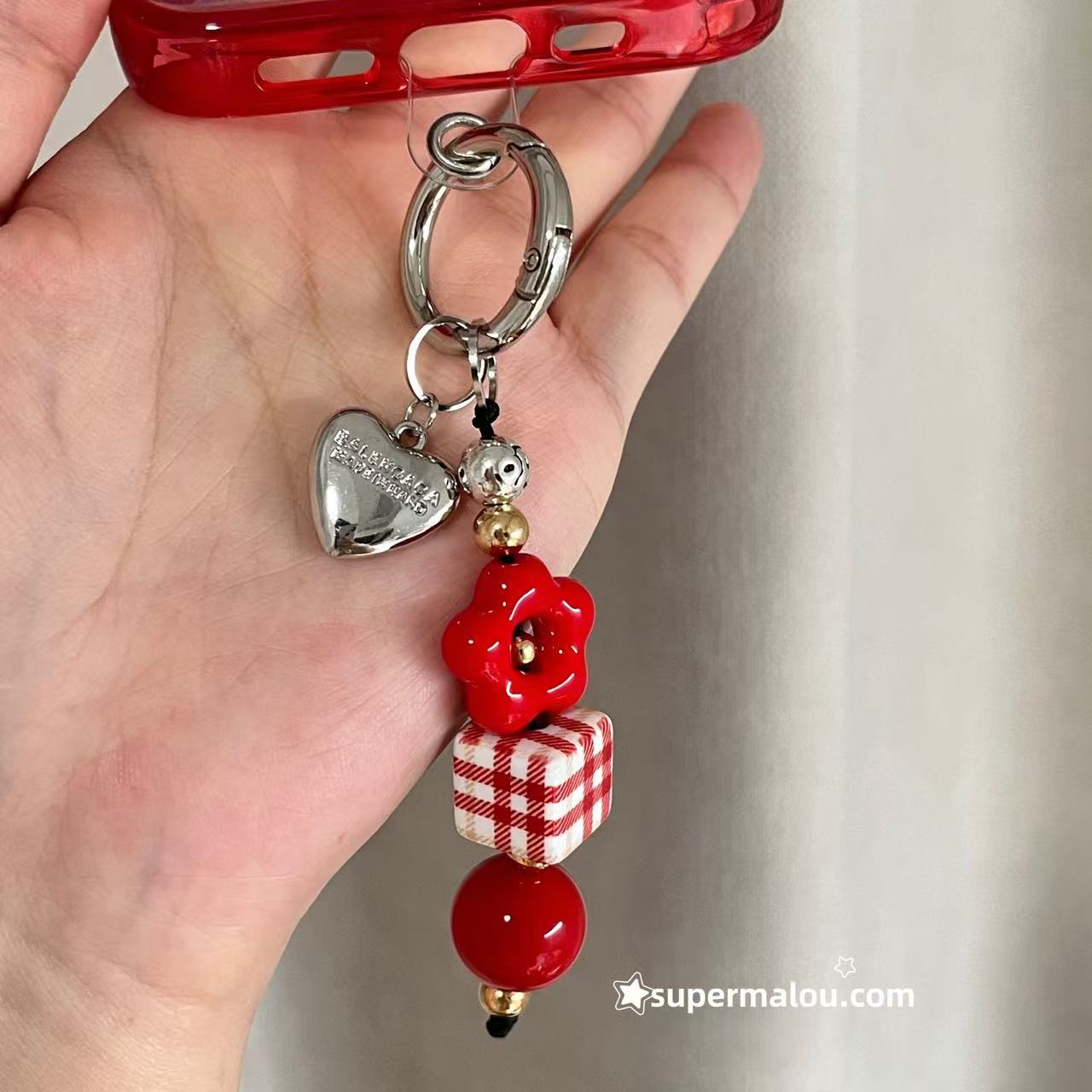 Red Flower Silver Love Phone Chain Keychain (Include Clip)