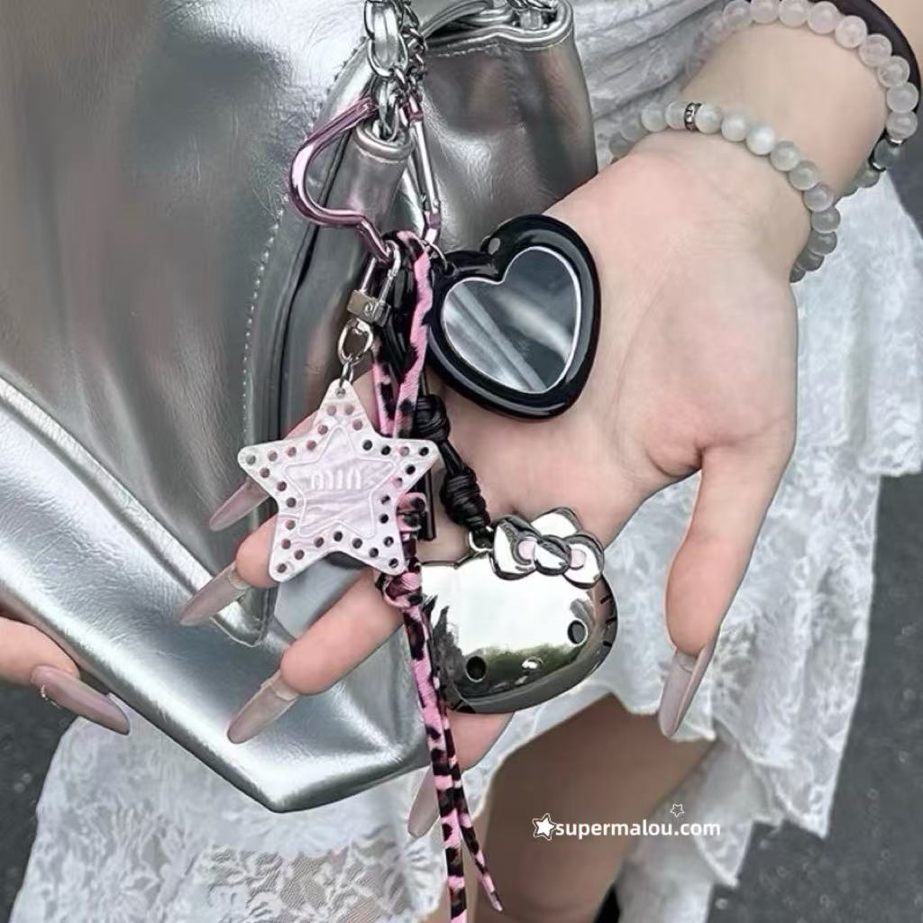 Sliver Hello Kitty Black And Pink Pendant With Mini Mirror