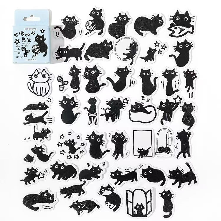 45Pcs Boxed Cute Cartoon Little Black Cat Stickers