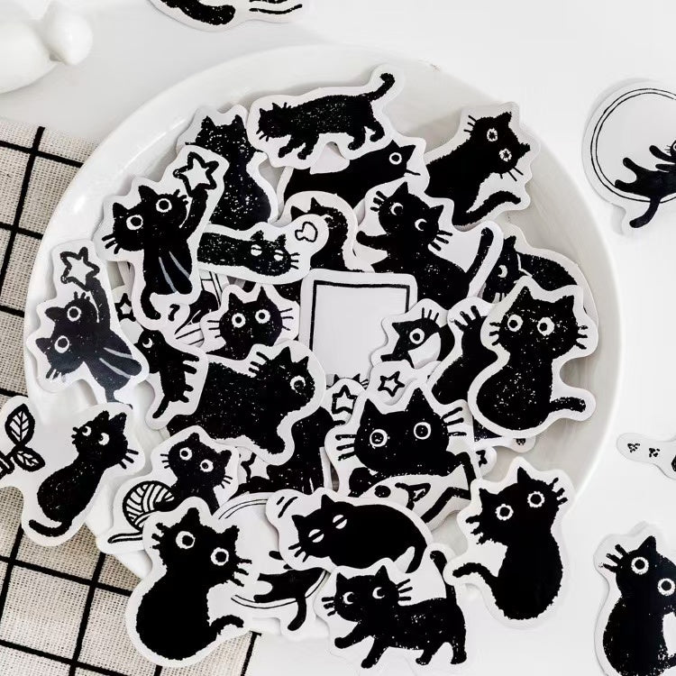 45Pcs Boxed Cute Cartoon Little Black Cat Stickers