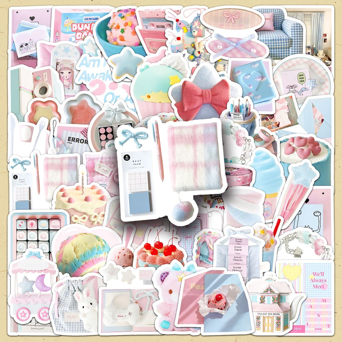 52pcs Pink And Blue Fresh Macaron Color Waterproof Sticker