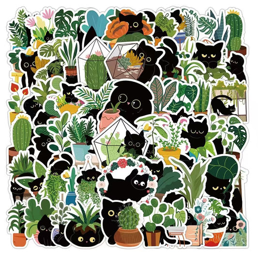 60Pcs Green Plants And Little Black Cats