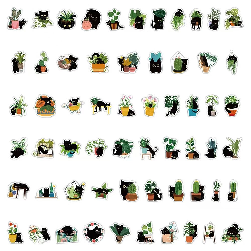 60Pcs Green Plants And Little Black Cats