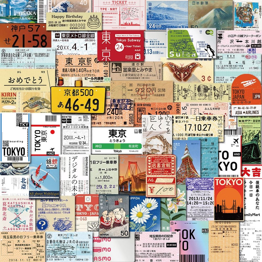 60Pcs Japanese Travel Ticket Stub Stickers