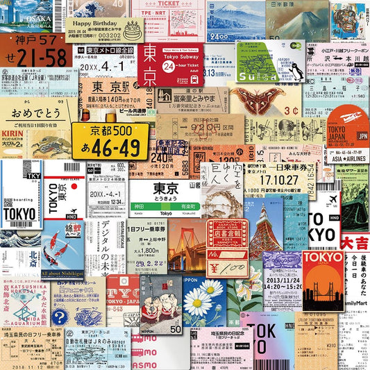 60Pcs Japanese Travel Ticket Stub Stickers