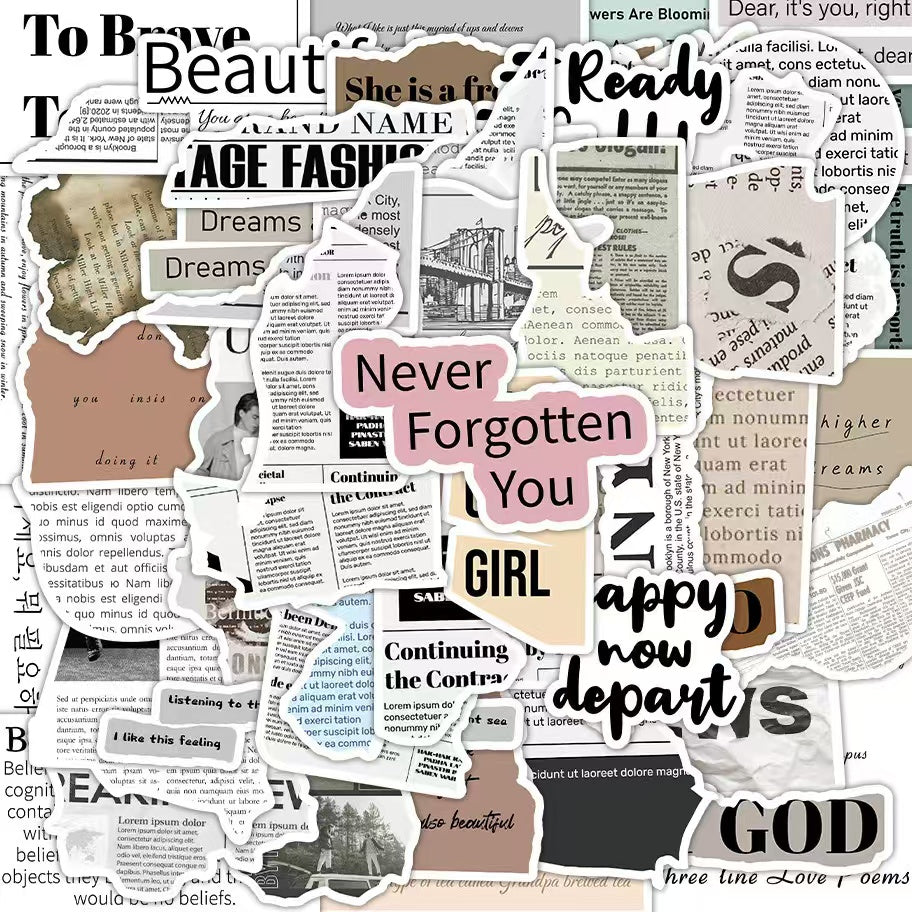 60Pcs Retro Newspaper Art Waterproof Stickers
