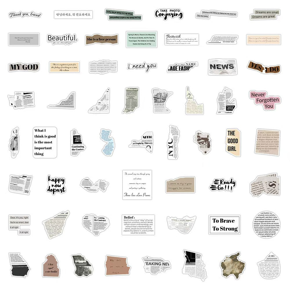 60Pcs Retro Newspaper Art Waterproof Stickers