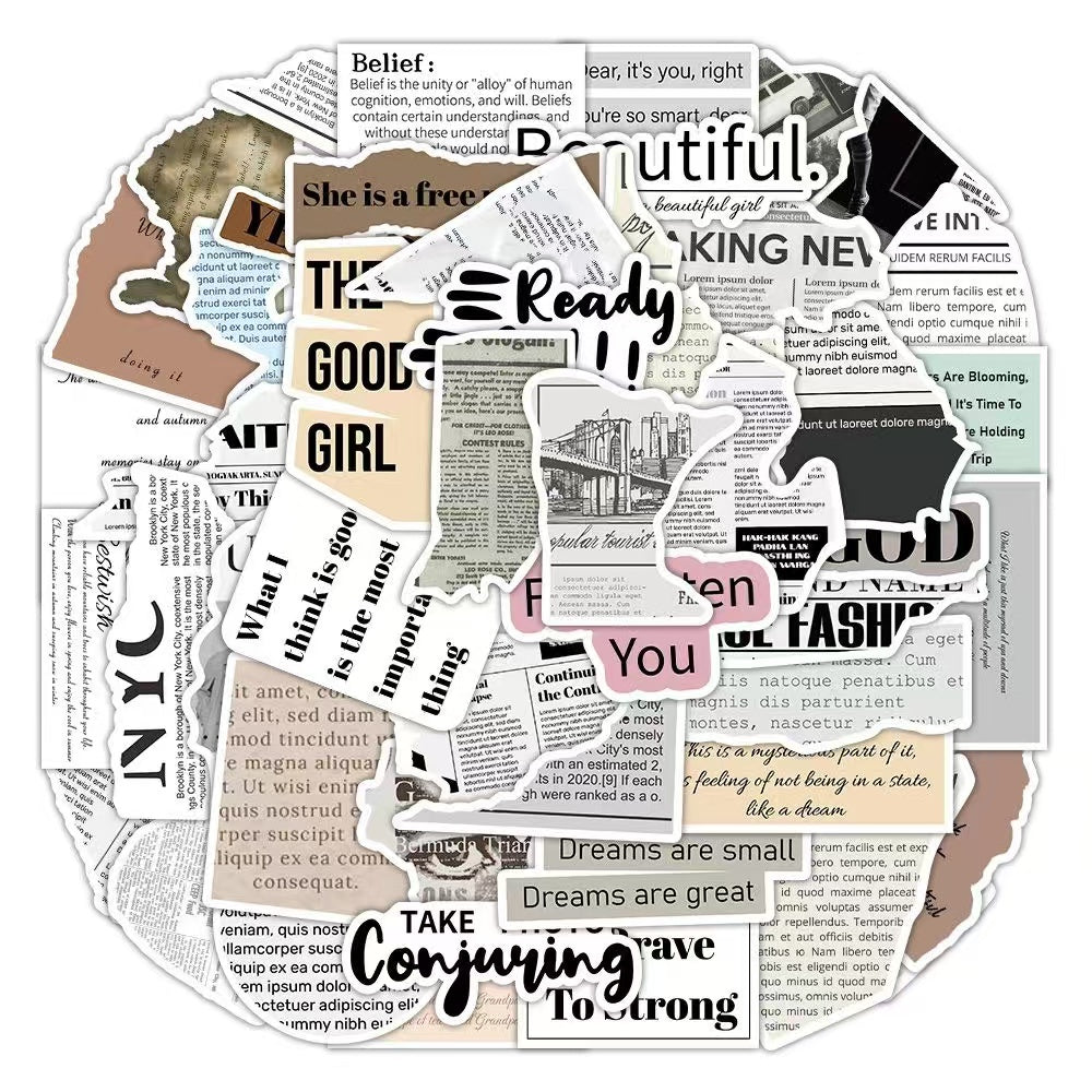 60Pcs Retro Newspaper Art Waterproof Stickers