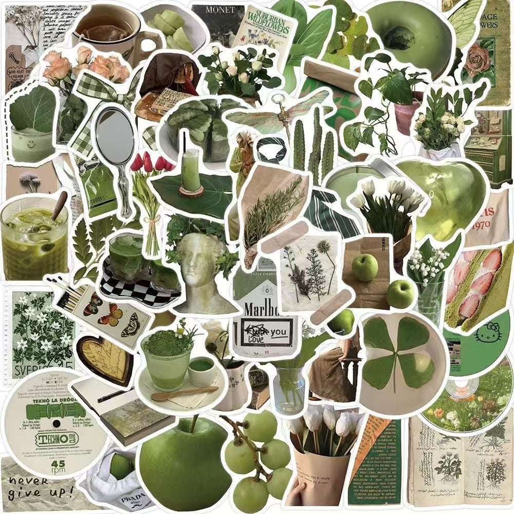 62Pcs Green IG Style Minimalist And Chill Waterproof Stickers
