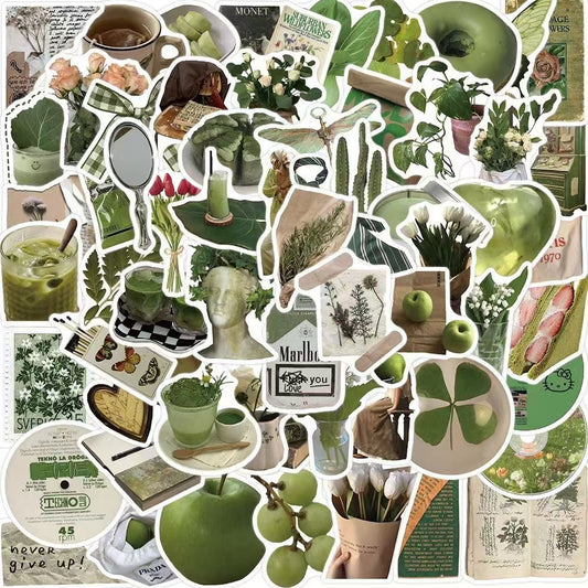 62Pcs Green IG Style Minimalist And Chill Waterproof Stickers