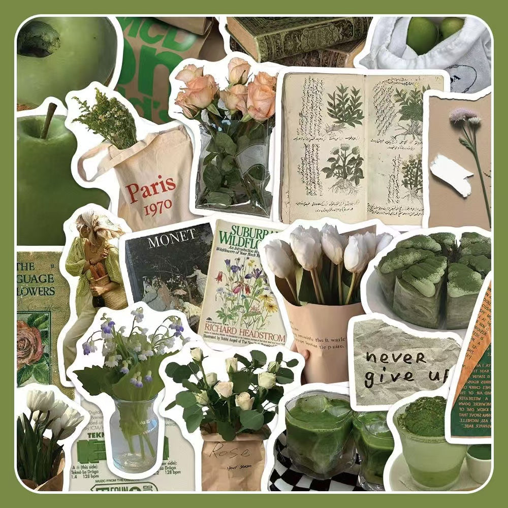 62Pcs Green IG Style Minimalist And Chill Waterproof Stickers