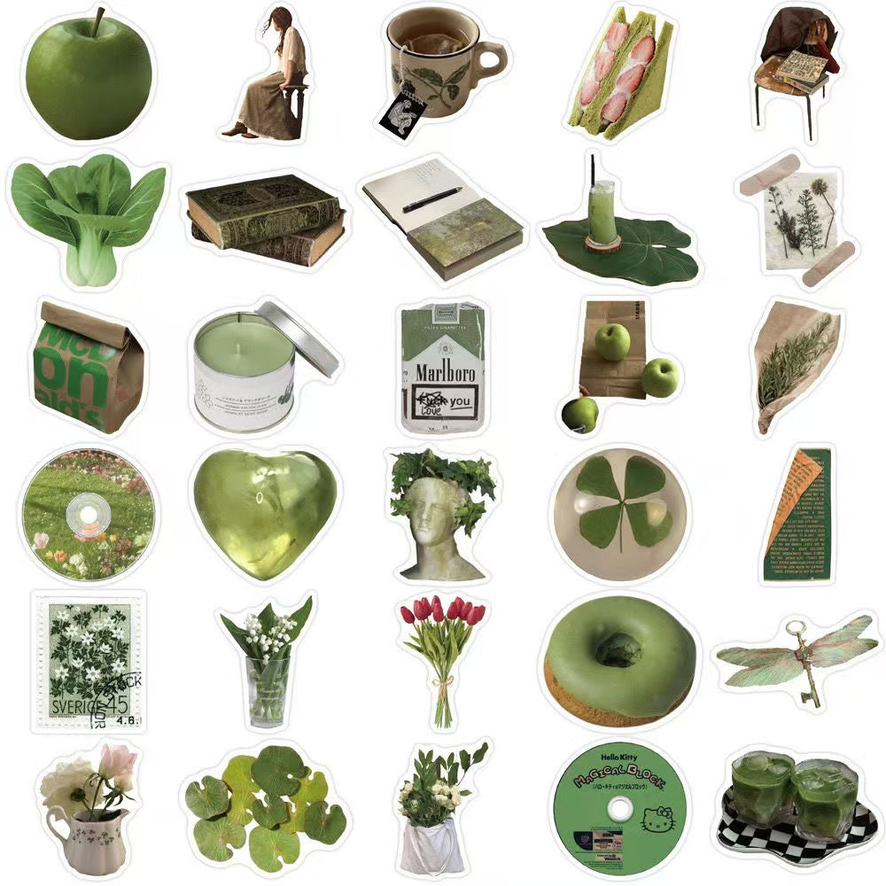 62Pcs Green IG Style Minimalist And Chill Waterproof Stickers