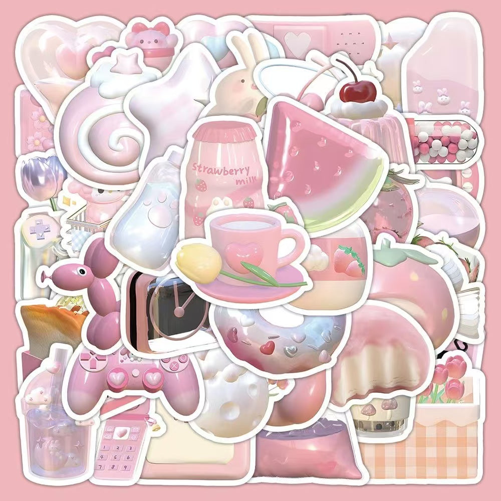 63pcs Pink Cartoon Waterproof Stickers