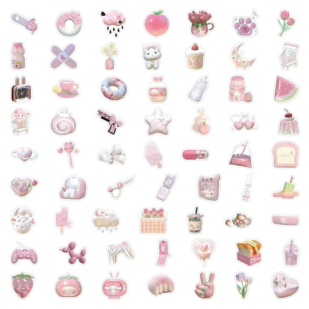 63pcs Pink Cartoon Waterproof Stickers