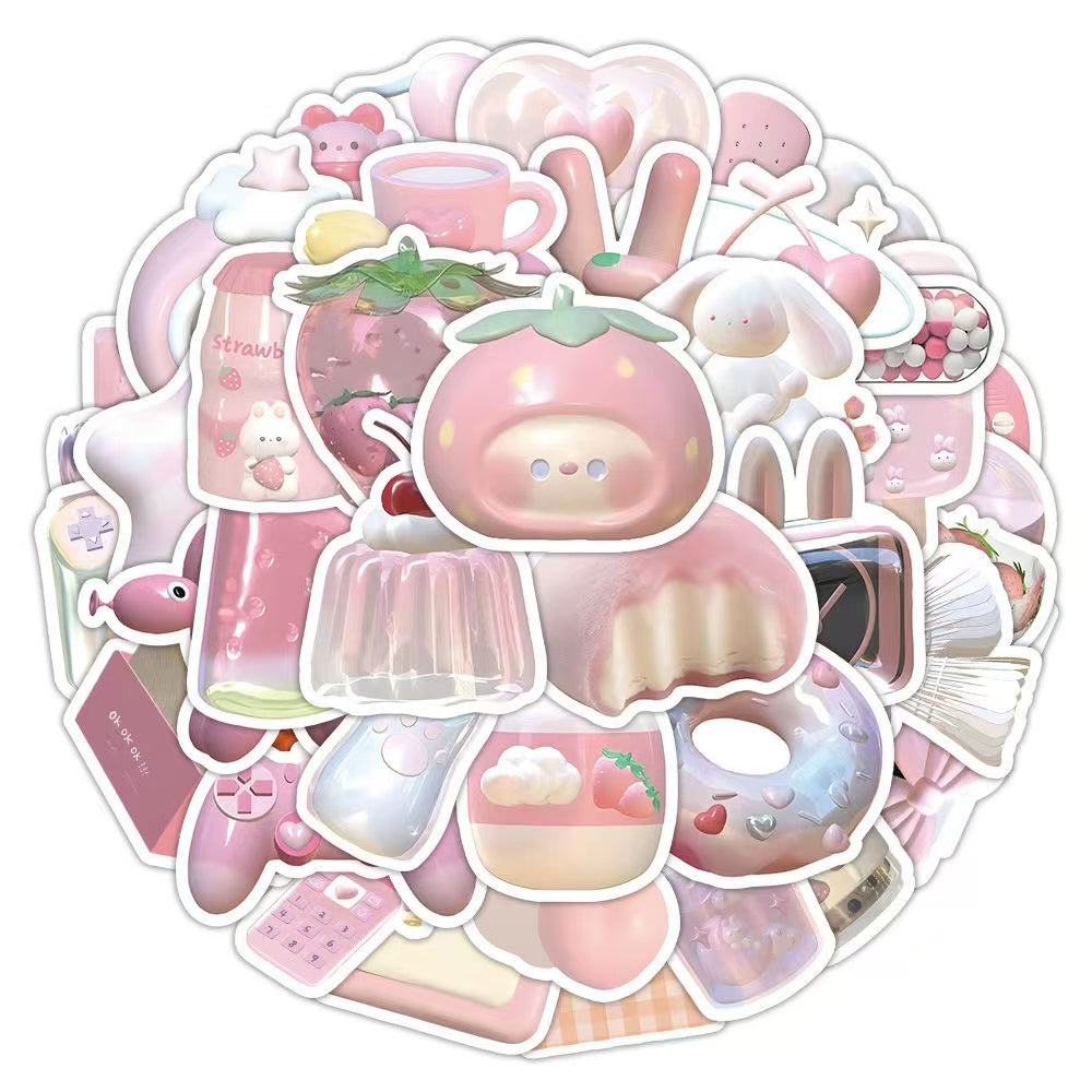 63pcs Pink Cartoon Waterproof Stickers