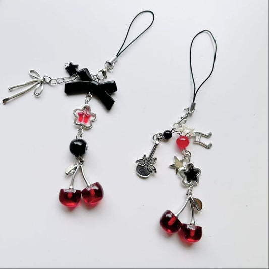 Black and red cherry guitar keychain phone chain