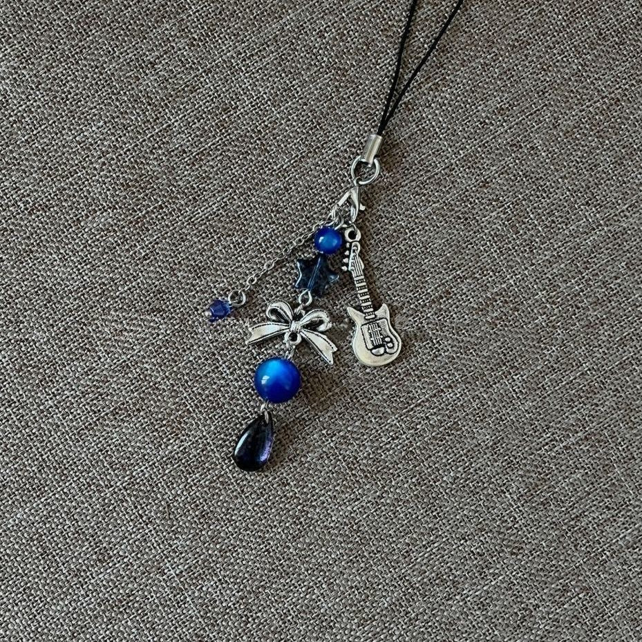 Blue Beaded Bow Guitar Phone Chain
