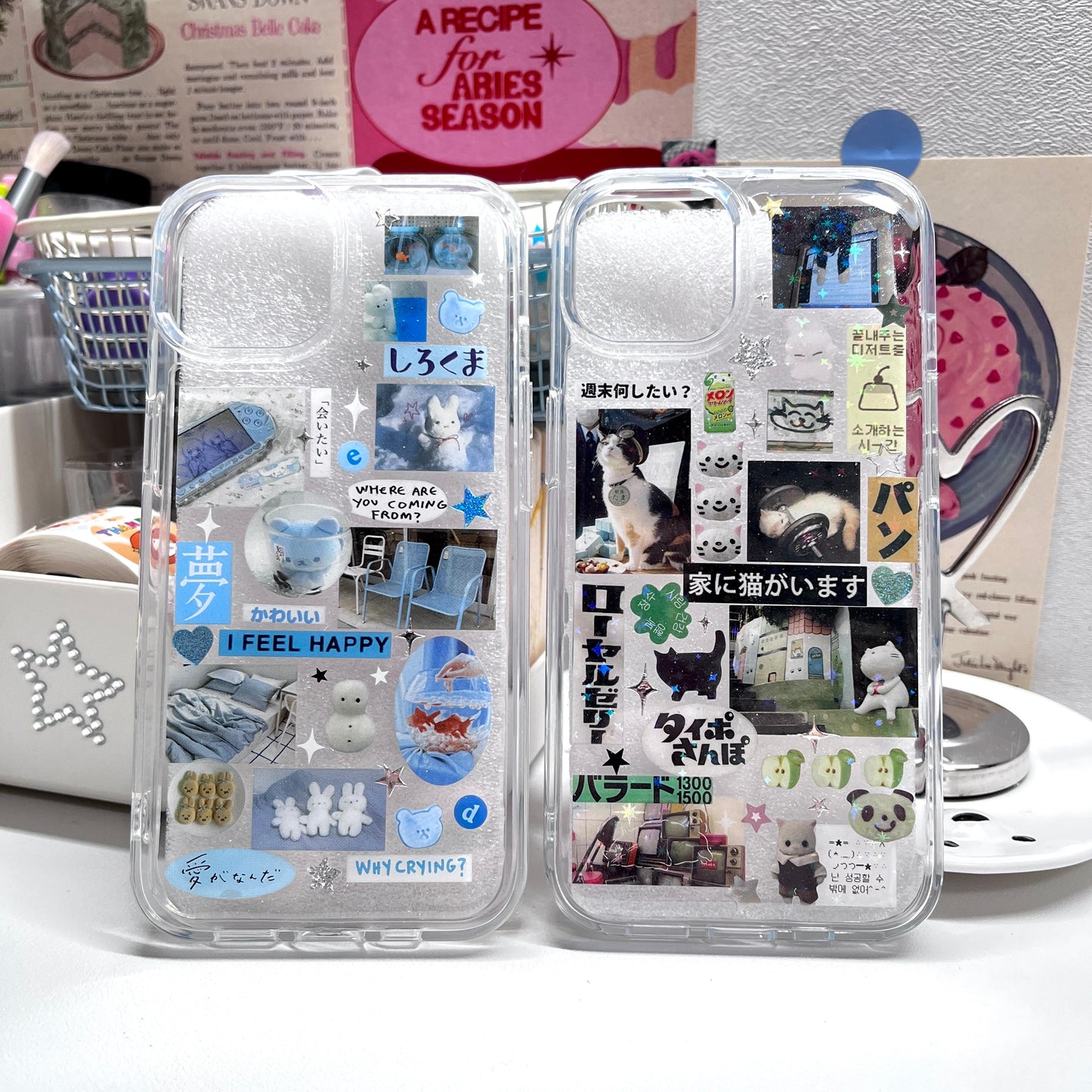 Blue Bear And Calico Cat Handmade Sticker Phone Case Samsung Case