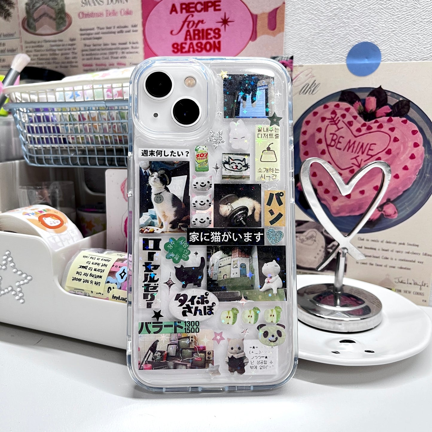 Blue Bear And Calico Cat Handmade Sticker Phone Case Samsung Case