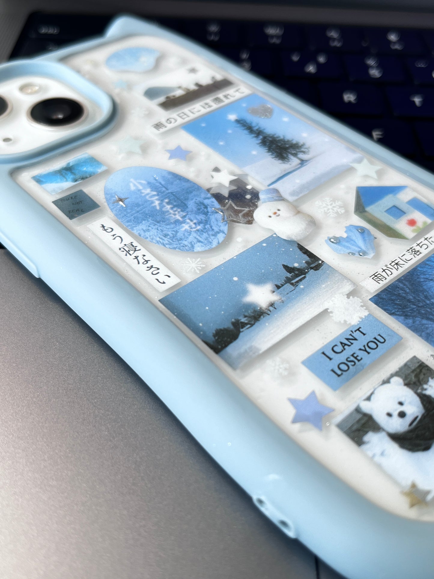 Blue Cat Ears Snow Man Handmade Dispensing Sticker Phone Case