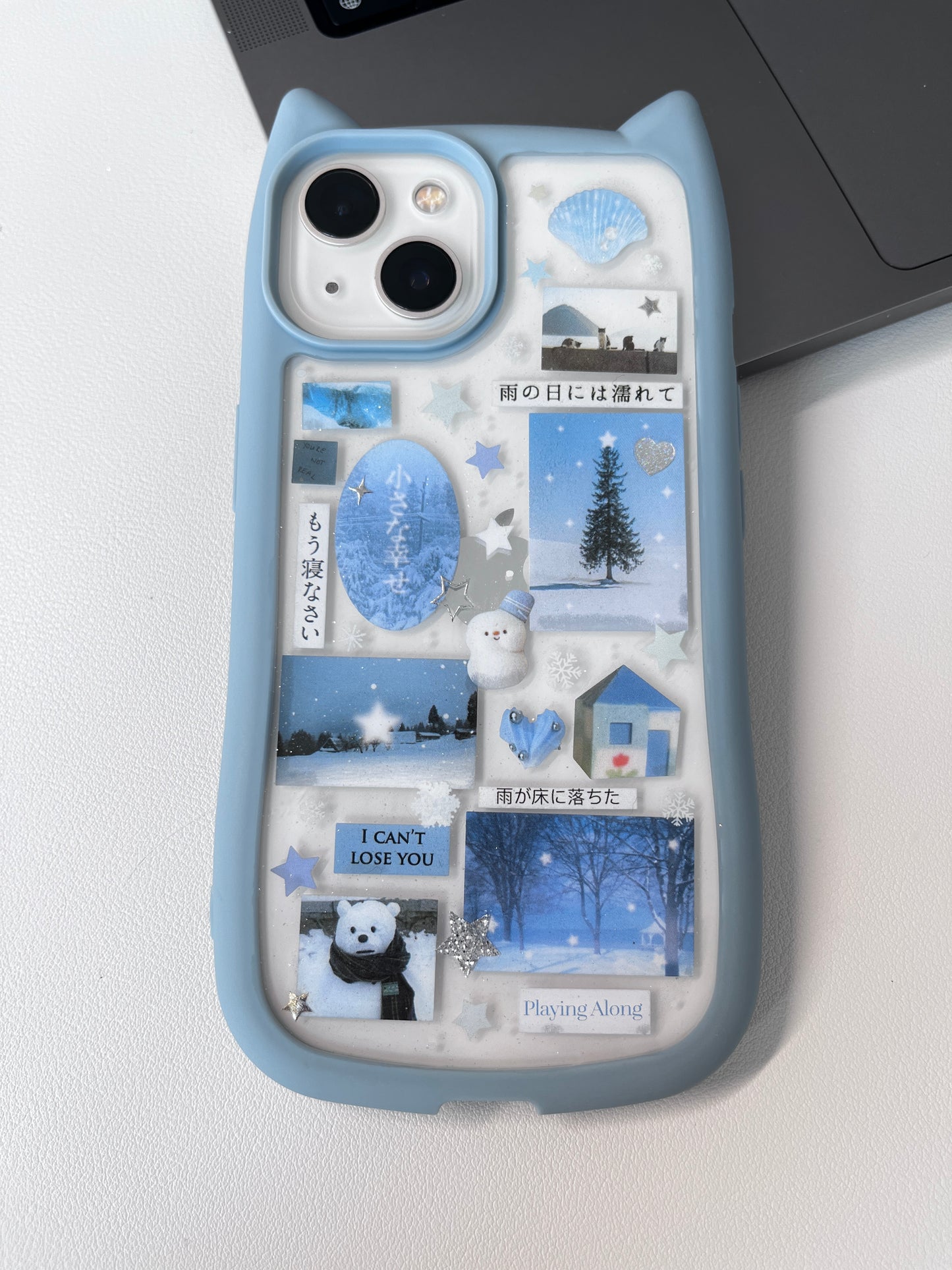 Blue Cat Ears Snow Man Handmade Dispensing Sticker Phone Case