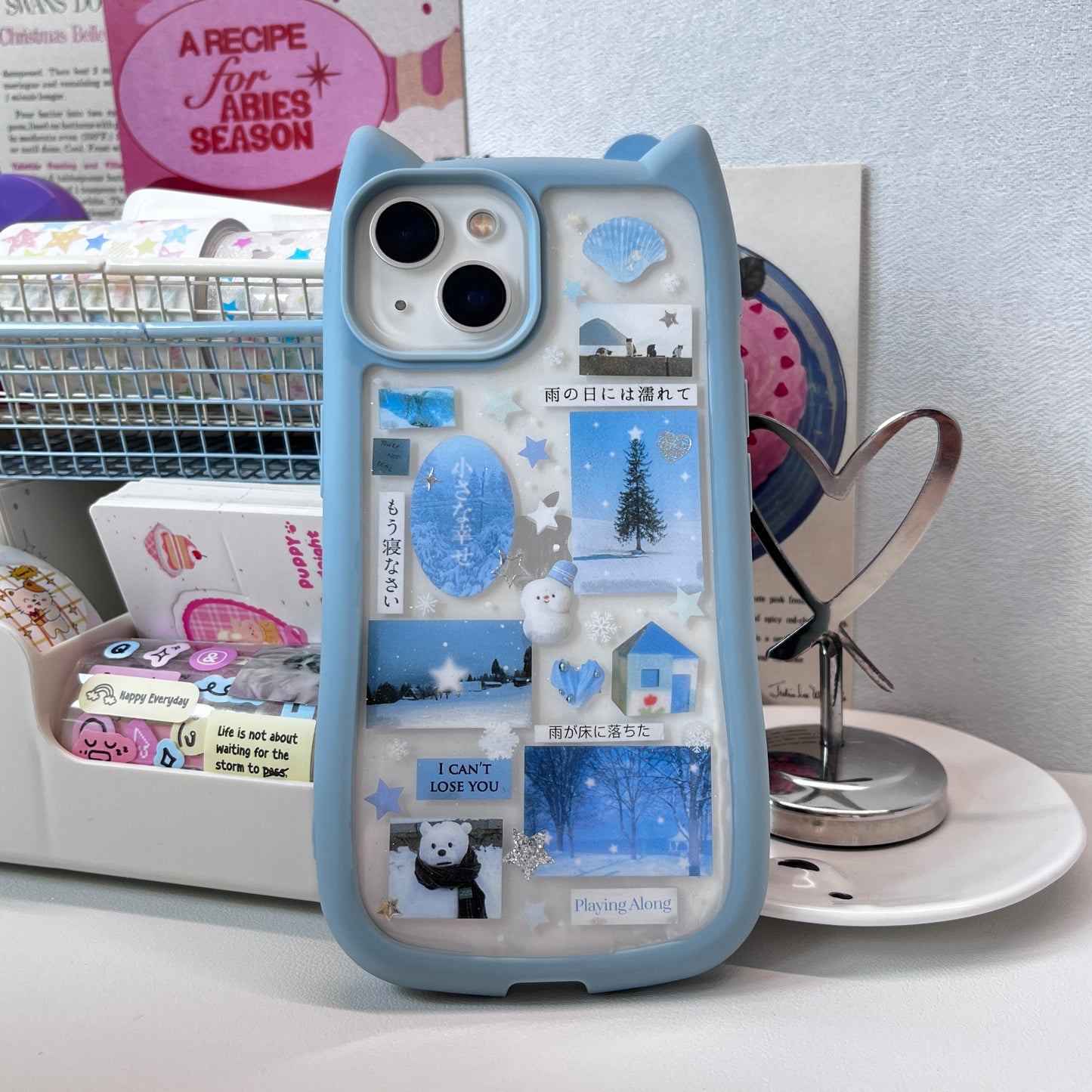 Blue Cat Ears Snow Man Handmade Dispensing Sticker Phone Case