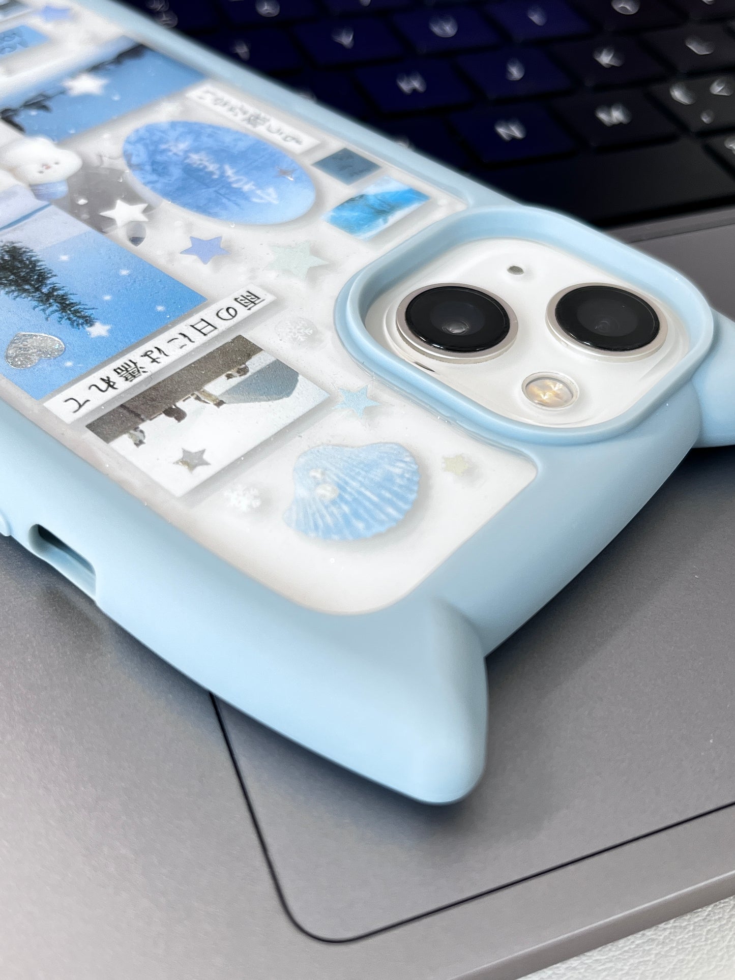 Blue Cat Ears Snow Man Handmade Dispensing Sticker Phone Case